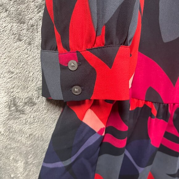 Ann Taylor Loft Dress Medium Red Fleur Floral Shift Long Sleeve Zip Up Preppy - Picture 4 of 8